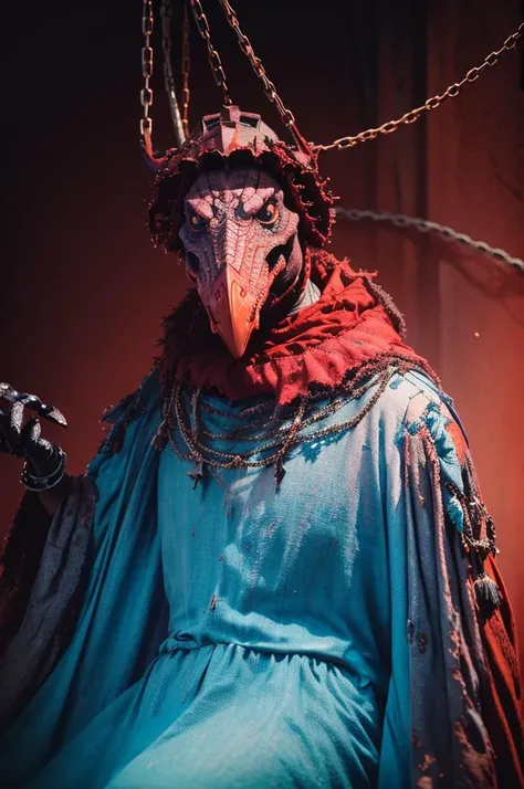 skeksil, solo, skeksis wearing tattered robes in a dungeon with chains <lora:Skeksis:1>, subsurface scattering, ultra hd, 4k, high def, Photorealistic, Hyperrealistic, Hyper detailed, analog style, realistic, masterpiece, best quality, ultra realistic, 8k, Intricate, High Detail, film photography, soft lighting, heavy shadow