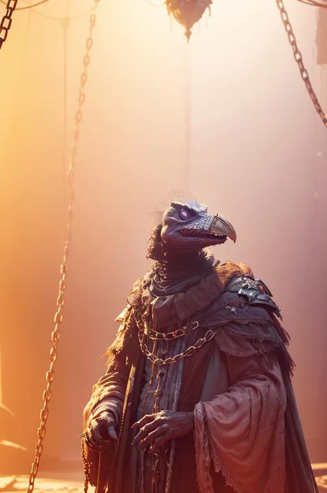 skeksil, solo, skeksis wearing tattered robes in a dungeon with chains <lora:Skeksis:1>, subsurface scattering, ultra hd, 4k, high def, Photorealistic, Hyperrealistic, Hyper detailed, analog style, realistic, masterpiece, best quality, ultra realistic, 8k, Intricate, High Detail, film photography, soft lighting,  heavy shadow
