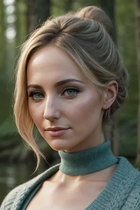 beautiful woman (EPN1kk1Gl4s3r:.99): a woman at a (party:1.1), perfect topbun, wearing sexy turquoise (Alpaca Pullover), (crowd of people in background:1.1), (at A hidden forest pond frogs croaking in the reeds), (face focus), modelshoot style, (extremely detailed CG unity 8k wallpaper), professional majestic (photography by Ernst Fuchs:1.1), 24mm, exposure blend, hdr, extremely intricate, High (Detail:1.1), dramatic, soft cinematic light, (looking at viewer), (detailed pupils), 4k textures, soft cinematic light, elegant, ((((cinematic look)))), soothing tones, insane details, hyperdetailed, ("In Jernau we trust!":1.1)
