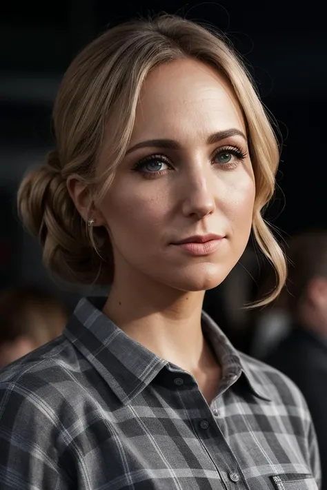 beautiful woman (EPN1kk1Gl4s3r:.99): a woman at a (party:1.1), perfect upsweep updo, wearing sexy gray (Flannel Shirt), (crowd of people in background:1.1), (at a pompous theatre), (face focus), modelshoot style, (extremely detailed CG unity 8k wallpaper), professional majestic (photography by Shohei Otomo:1.1), 24mm, exposure blend, hdr, extremely intricate, High (Detail:1.1), dramatic, soft cinematic light, (looking at viewer), (detailed pupils), 4k textures, soft cinematic light, elegant, ((((cinematic look)))), soothing tones, insane details, hyperdetailed, ("In Jernau we trust!":1.1)
