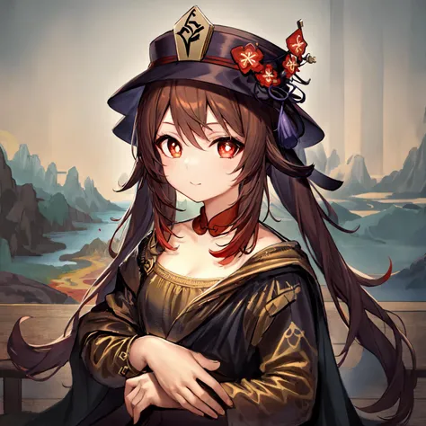 a\(Mona Lisa\), 1girl, solo,hu tao (genshin impact), hat, red eyes, twintails, brown hair, solo, symbol-shaped pupils,