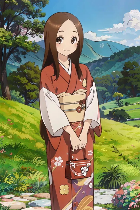 <lora:Takagi_San:0.8>,(realistic),(photorealistic),takagi_san, 1girl, long hair,brown hair, part bangs, brown eyes, (multicolored kimono:1.2),(japanese clothes), long sleeves, forehead, smile, looking at viewer,masterpiece,(standing), masterpiece,upper body, best quality, (colorful),volumatic light, ray tracing,extremely detailed CG unity 8k wallpaper,smile,((flying petal)),(Flowery meadow), sunny,sunshine, light, fantasy, windy, magic sparks, trees, lake, mountains, ((flowers)),harano,<lora:Kimono:0.7>,