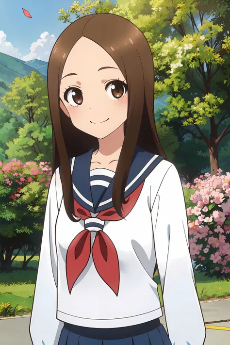 <lora:Takagi_San:0.7>,takagi_san, 1girl, long hair,((white school shirt)), brown hair, part bangs, brown eyes, white serafuku, sailor collar, red neckerchief, short skirt, long sleeves, forehead, smile, looking at viewer, masterpiece,upper body, best quality, (colorful),volumatic light, ray tracing,extremely detailed CG unity 8k wallpaper,smile,((flying petal)),(Flowery meadow), sunny,sunshine, light, fantasy, windy, magic sparks, trees, lake, mountains, ((flowers)),harano,