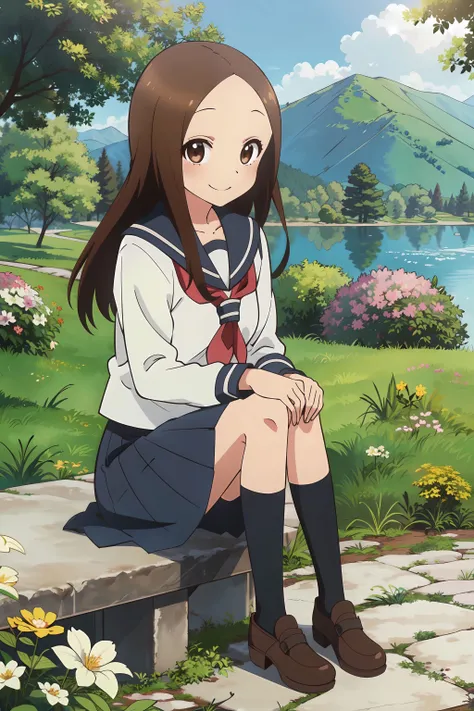 <lora:Takagi_San:0.7>,(realistic),(photorealistic),takagi_san, 1girl, long hair,((white school shirt)), brown hair, part bangs, brown eyes, white serafuku, sailor collar, red neckerchief, short skirt, long sleeves, forehead, black socks, brown shoes, smile, looking at viewer,(sitting), masterpiece,full body, best quality, (colorful),volumatic light, ray tracing,extremely detailed CG unity 8k wallpaper,smile,((flying petal)),(Flowery meadow), sunny,sunshine, light, fantasy, windy, magic sparks, trees, lake, mountains, ((flowers)),harano,