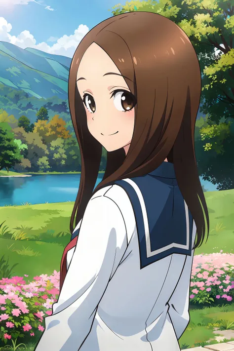 <lora:Takagi_San:0.7>,(realistic),(photorealistic),takagi_san, 1girl, long hair,((white school shirt)), brown hair, part bangs, brown eyes, white serafuku, sailor collar, red neckerchief, short skirt, long sleeves, forehead, smile, looking at viewer, masterpiece,upper body, best quality, (colorful),volumatic light, ray tracing,extremely detailed CG unity 8k wallpaper,smile,((flying petal)),(Flowery meadow), sunny,sunshine, light, fantasy, windy, magic sparks, trees, lake, mountains, ((flowers)),harano,