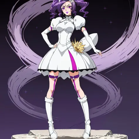 <lora:Cirucci_Sanderwicci-10:1>outdoor,desert,high quality,Masterpeace,Cirucci_Sanderwicci, 1girl, solo, hair ornament, white dress, purple hair, knee boots, elbow gloves, white dress, puffy short sleeves, makeup, lipstick, short twintails, purple lips, white boots, facial mark, full body, standing, hand on hip
