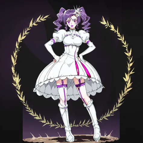 <lora:Cirucci_Sanderwicci-10:1>outdoor,desert,high quality,Masterpeace,Cirucci_Sanderwicci, 1girl, solo, hair ornament, white dress, purple hair, knee boots, elbow gloves, white dress, puffy short sleeves, makeup, lipstick, short twintails, purple lips, black boots, facial mark, full body, standing, hand on hip