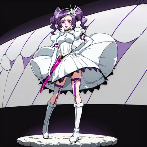 <lora:Cirucci_Sanderwicci-10:1>outdoor,desert,high quality,Masterpeace,Cirucci_Sanderwicci, 1girl, solo, hair ornament, white dress, purple hair, knee boots, elbow gloves, white dress, puffy short sleeves, makeup, lipstick, short twintails, purple lips, white boots, facial mark, full body, standing, hand on hip