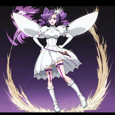 <lora:Cirucci_Sanderwicci-10:1>outdoor,desert,high quality,Masterpeace,Cirucci_Sanderwicci, 1girl, solo, hair ornament, white dress, purple hair, knee boots, elbow gloves, white dress, puffy short sleeves, makeup, lipstick, short twintails, purple lips, wings, black boots, facial mark, full body, standing, hand on hip