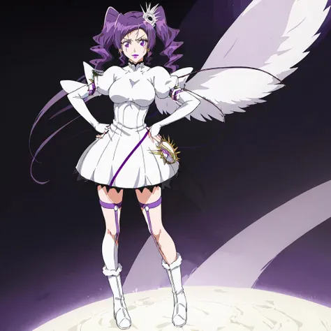 <lora:Cirucci_Sanderwicci-10:1>outdoors,high quality,Masterpeace,Cirucci_Sanderwicci, 1girl, solo, hair ornament, white dress, purple hair, knee boots, elbow gloves, white dress, puffy short sleeves, makeup, lipstick, short twintails, purple lips, wings, full body, standing, hand on hip