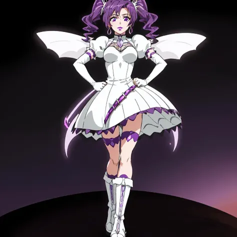 <lora:Cirucci_Sanderwicci-10:0.7>outdoor,desert,high quality,Masterpeace,Cirucci_Sanderwicci, 1girl, solo, purple hair, dress, purple hair, boots, elbow gloves, white dress, puffy short sleeves, makeup, lipstick, short twintails, purple lips, wings, full body, standing, hand on hip