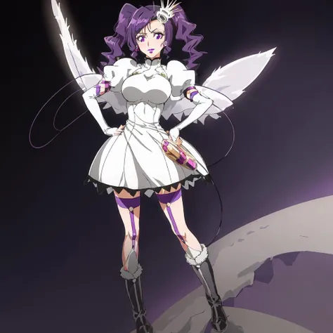 <lora:Cirucci_Sanderwicci-10:1>outdoor,desert,high quality,Masterpeace,Cirucci_Sanderwicci, 1girl, solo, hair ornament, white dress, purple hair, knee boots, elbow gloves, white dress, puffy short sleeves, makeup, lipstick, short twintails, purple lips, wings, full body, standing, hand on hip