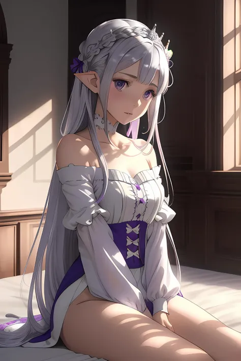 emilia from rezero, 
best quality, highly detailed, masterpiece, ultra detailed, 1girl, delicate eyes, emilia \(re:zero\), silver hair, purple eyes, hair ornament, off shoulder shirt, long hair, pointy ears, crown braid, straight hair, long hair, sitting:,
a naked woman sitting on a bed in a room