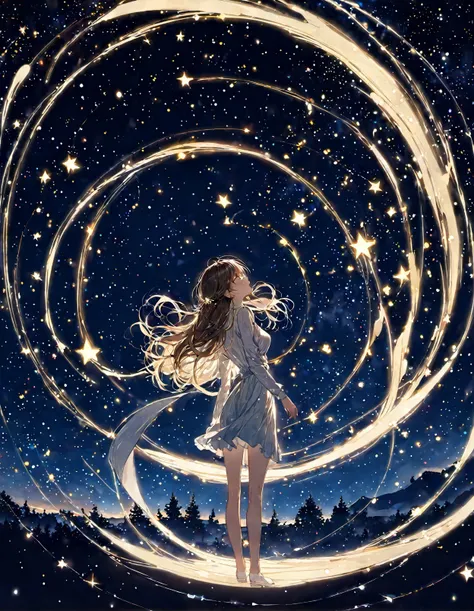 1girl, Design an image showcasing the allure of a starry night sky, with a myriad of twinkling stars, constellations, and the Milky Way.,masterpiece, best quality,