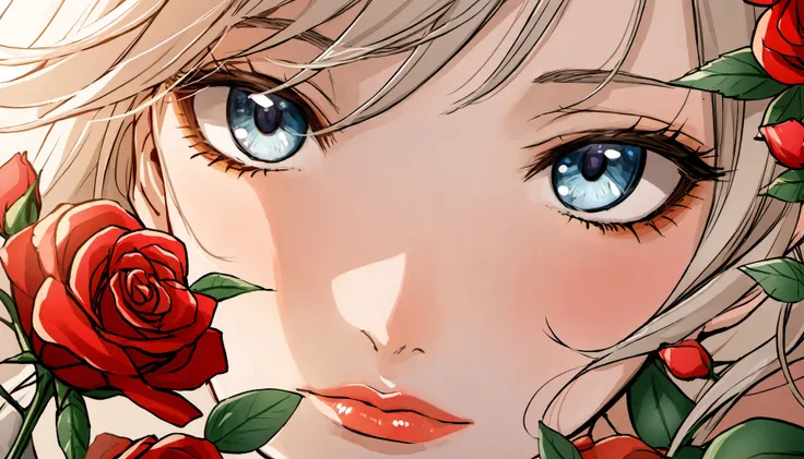 (toriyama style:1.3) , 1girl, roses, close-up, beautiful face , beautiful eyes, beautiful lips, cute nose,