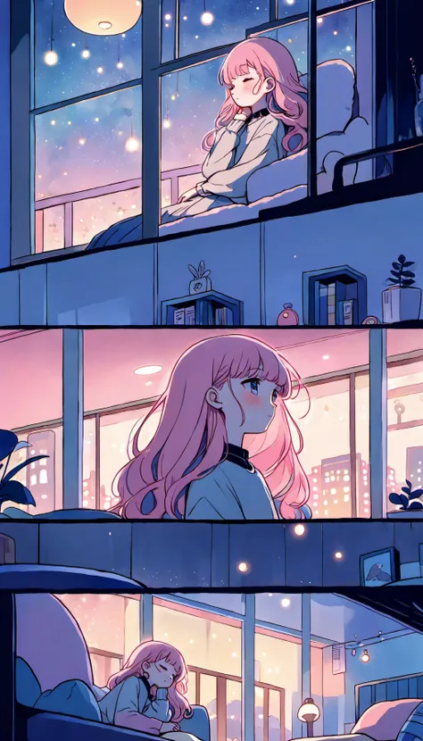 a cartoon of a girl sitting in a window looking out at the night