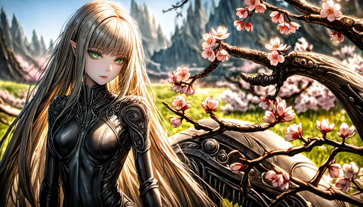 <lora:dungeons_and_dragons_xl_v2:1> 8k beautiful 1girl with long red long hair, H. R. Giger style, intricate, elegant, highly detailed, green eyes, majestic, digital photography, (masterpiece, sidelighting, finely detailed beautiful green eyes: 1.0), hdr, blurry, blurry_background, blurry_foreground, branch, cherry_blossoms, depth_of_field, looking_at_viewer, motion_blur, photo_\(medium\), photo_background, solo, tree, vibrant details, luxurious, absurdres, incredibly absurdres, white stocking, (realistic, photo-realistic:1), finely detail, best quality, lace, hyperrealistic, anatomical, facial muscles, extremely detailed CG unity 8k wallpaper, octane render, elegant, depth_of_field, blue butterfly, looking_at_viewer, extremely detailed