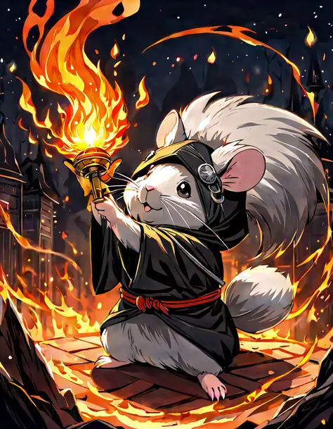 A grey hamster dressed in a black ninja outfit, casting a spell of fire magic. The scene is dynamic, capturing the intensity of the magic. The hamster stands on its hind legs, with one paw extended forward as if releasing the fiery magic. The background should be a mystical, dimly lit setting, adding to the fantasy theme. The fire spell is vivid and bright, contrasting with the dark ninja outfit and the grey fur of the hamster.