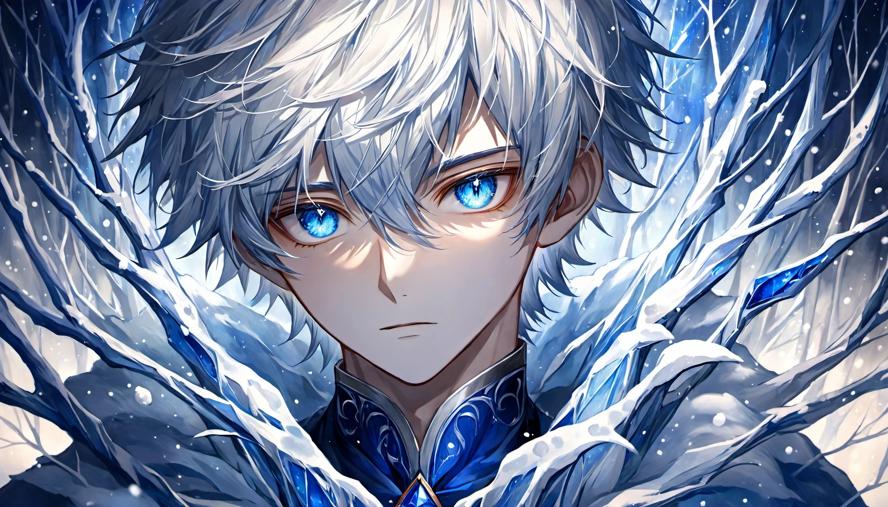 A stunning portrait painting capturing the breathtaking beauty of Jack Frost's face emerges. At then, he possesses a visage that captivates all who behold it. With short white hair that resembles freshly fallen snow, each strand meticulously arranged, his appearance is truly ethereal. His eyes, a mesmerizing shade of sapphire blue, exude an enchanting allure, seemingly touched by a hint of magic. They hold a profound depth, reflecting the mysteries of winter and the secrets he holds within.