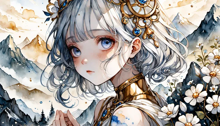 landscape, pretty visuals, alabaster skin, barely visible pale woman, sparkling, enchanted, delicate paint, mountain, great vibe, blue shy, watercolor, white flowers, marble, gold paint, highly detailed, digital painting, smooth, sharp focus, gtgraphics, illustration, art by kenji gonzales, art by agnes cecile, natalia fabia, mucha, artgerm, 8k, professional<lora:xl_more_art-full_v1:0.5>