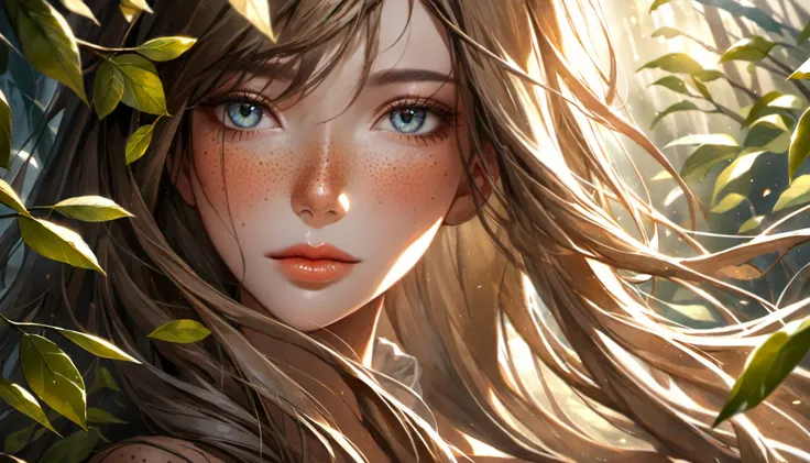 portrait of a unique breathtaking and beautiful woman face close-up, stunning detail, hyper detailed eyes, detailed skin with a flawless texture delicate and refined, smooth hair elegantly draped around her neck, subtle freckles on her nose, fullness of her lips, covered with leafs, captured in masterful composition, lighting accentuate her natural beauty, gentle shadows and highlights, incredible skill and attention to detail, nuance and detail, supersharp focus, Carne Griffiths, Conrad Roset, annie leibovitz, (hyperdetailed:1. 15), (soft light, sharp:1. 2), (Hasselblad masterclass:1. 1)