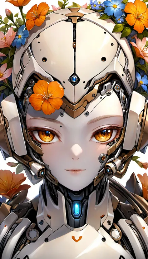 <ti:style-paintmagic> Close-up portrait of mechanical android human with growing flowers inside head