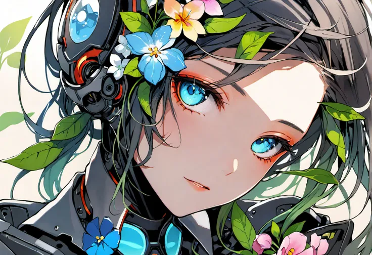 <ti:style-paintmagic> Close-up portrait of mechanical android human with growing flowers inside head