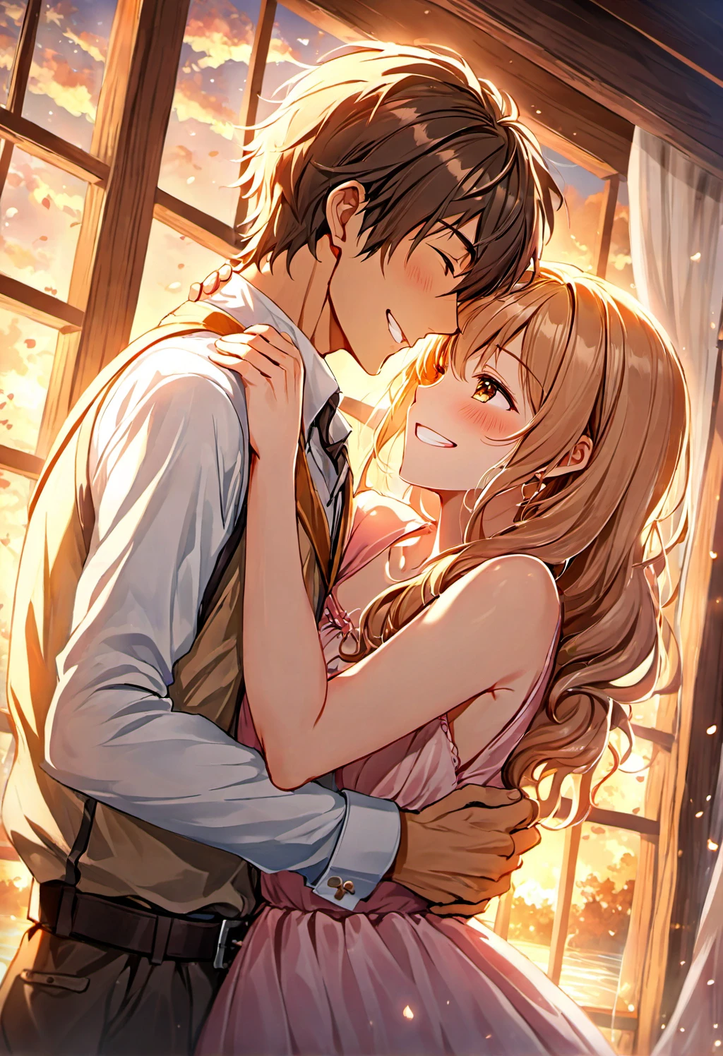 Prepare to be swept away by the undeniable charm of a cute couple in the embrace of love. Their affectionate hug should emanate warmth and tenderness, symbolizing their deep connection. Both individuals should have (captivating:1.1) and (endearing:1.2) features, complemented by (charming smirks:1.2) that reveal their shared joy. The image should radiate an atmosphere of (romance:1.2) and (sincerity:1.1), with soft lighting that adds a touch of magic. Every detail should reflect the bliss of their union, from the way they lean into each other to the soft whispers of love. Get ready to be captivated by the pure essence of romance and love.