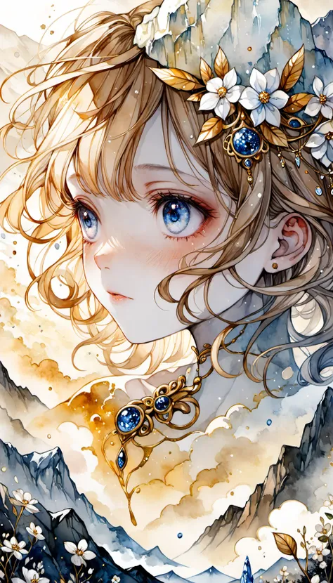 landscape, pretty visuals, alabaster skin, barely visible pale woman, sparkling, enchanted, delicate paint, mountain, great vibe, blue shy, watercolor, white flowers, marble, gold paint, highly detailed, digital painting, smooth, sharp focus, gtgraphics, illustration, art by kenji gonzales, art by agnes cecile, natalia fabia, mucha, artgerm, 8k, professional<lora:xl_more_art-full_v1:0.5>