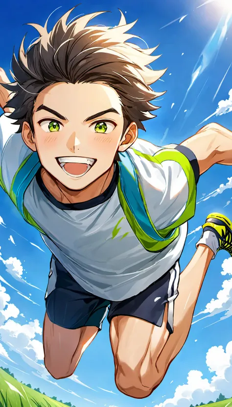 handsome open sport clothes boy with attractive sport type body, sixteen years old, full of energy, cute face, smirk, natural setting, lush green field, blue sky, sporty attire, running or jumping action, capturing the essence of youth and vitality