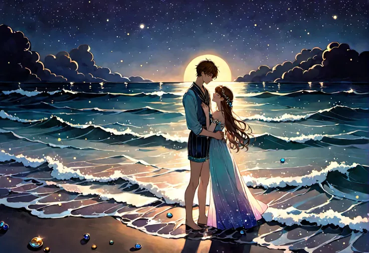 <lora:Louis-Comfort-Tiffany-Style:1> Louis Comfort Tiffany Style page <ti:SimplepositiveXLv1> a handsome teenager boy wearing beautiful multicolor sparkling clothes made of little tiny gems, standing on a moonlit beach with waves gently washing ashore, under a starry night sky, creating a dreamy and romantic atmosphere (romantic:1.2) (moonlight:1.1) (starry night:1.1) (dreamlike) (gentle waves) (serene)