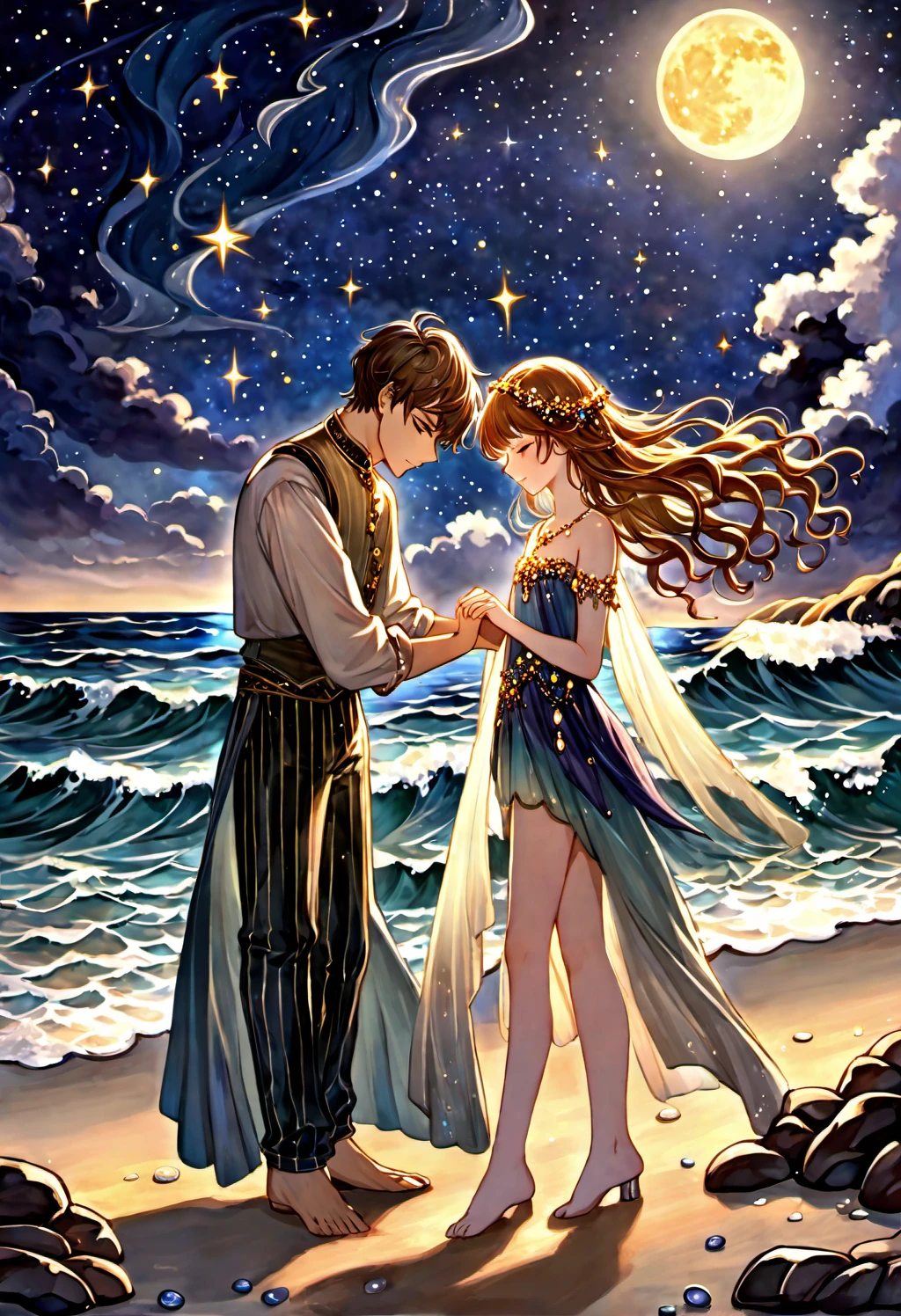 <lora:Louis-Comfort-Tiffany-Style:1> Louis Comfort Tiffany Style page <ti:SimplepositiveXLv1> a handsome ager boy wearing beautiful multicolor sparkling clothes made of little tiny gems, standing on a moonlit beach with waves gently washing ashore, under a starry night sky, creating a dreamy and romantic atmosphere (romantic:1.2) (moonlight:1.1) (starry night:1.1) (dreamlike) (gentle waves) (serene)