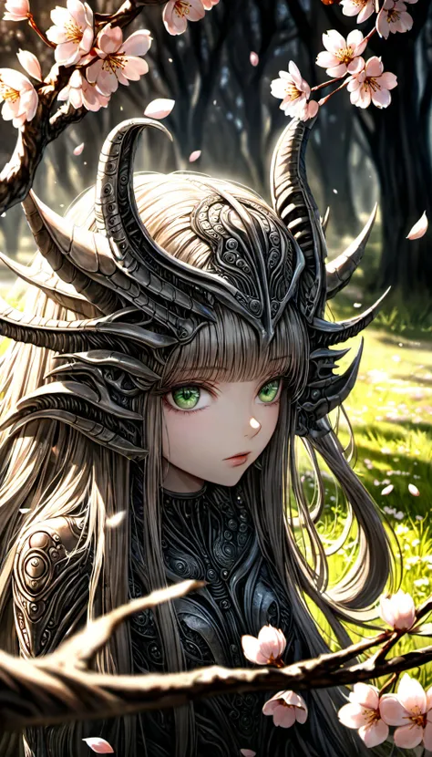 <lora:dungeons_and_dragons_xl_v2:1> 8k beautiful 1girl with long red long hair, H. R. Giger style, intricate, elegant, highly detailed, green eyes, majestic, digital photography, (masterpiece, sidelighting, finely detailed beautiful green eyes: 1.0), hdr, blurry, blurry_background, blurry_foreground, branch, cherry_blossoms, depth_of_field, looking_at_viewer, motion_blur, photo_\(medium\), photo_background, solo, tree, vibrant details, luxurious, absurdres, incredibly absurdres, white stocking, (realistic, photo-realistic:1), finely detail, best quality, lace, hyperrealistic, anatomical, facial muscles, extremely detailed CG unity 8k wallpaper, octane render, elegant, depth_of_field, blue butterfly, looking_at_viewer, extremely detailed