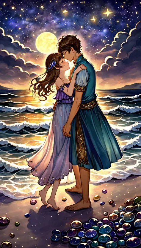 <lora:Louis-Comfort-Tiffany-Style:1> Louis Comfort Tiffany Style page <ti:SimplepositiveXLv1> a handsome teenager boy wearing beautiful multicolor sparkling clothes made of little tiny gems, standing on a moonlit beach with waves gently washing ashore, under a starry night sky, creating a dreamy and romantic atmosphere (romantic:1.2) (moonlight:1.1) (starry night:1.1) (dreamlike) (gentle waves) (serene)