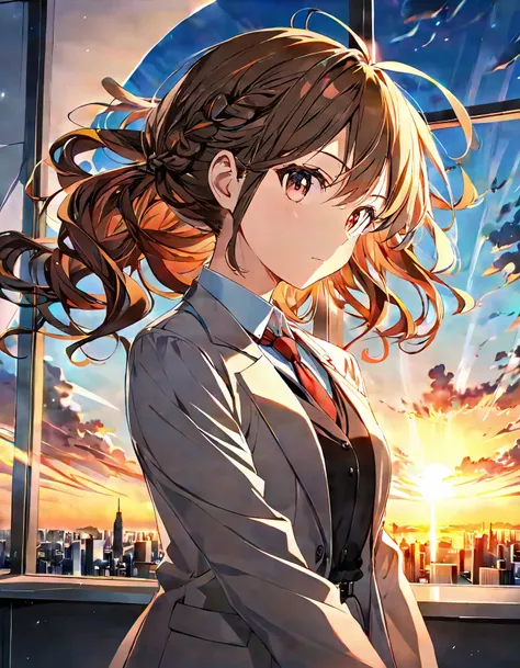 1girl, solo, anime key visual, Weird broad-shouldered Office worker woman, Eclectic hair styled as Twist braid, Voluminous hair, at Sunrise, Digital Art, F/1.8