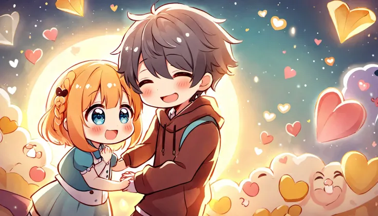 Immerse yourself in the heartwarming world of a cute toonified boy and girl deeply in love. Their cartoon-style appearance should be a fusion of charming anime and booru elements, radiating a sense of kawaii enchantment. Their features should be (adorably exaggerated:1.2) and (emotionally expressive:1.1), capturing the essence of their affectionate bond. The composition should showcase their adorable interactions, such as hugging or holding hands, evoking a warm and fuzzy feeling. The colors should be vibrant and lively, reflecting the vibrant emotions of their love story. Get ready to embrace the sweetness of their love in a whimsical blend of cartoon and anime aesthetics.