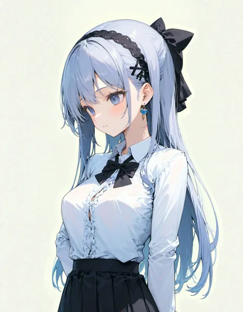 1girl,, aqua eyes, arms behind back, black bow, black hairband, black skirt, bow, breasts, collared shirt, dress shirt, earrings, grey hair, hairband, hand on own hip, jewelry, long hair, long sleeves, looking at viewer, medium breasts, open mouth, pleated skirt, ponytail, school uniform, shirt, sidelocks, simple background, skirt, solo, upper body, very long hair, white background, white shirt, wing collar