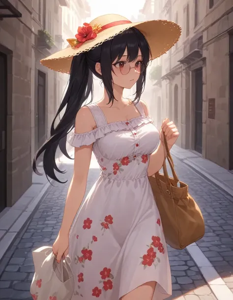 <lora:sdxl_lightning_8_step_lora_f16:1>,, 1girl, solo, walking, dramatic, (grab large bag:2.0), outdoors, modern city road, BREAK expressiveh, perfect lighting, (focus face:2.0), morning, vivid, BREAK beautiful lady, 30 years old, long hair, (black hair:2.0), ponytail , large breasts, floral print short sundress, large hat, sun glasses,