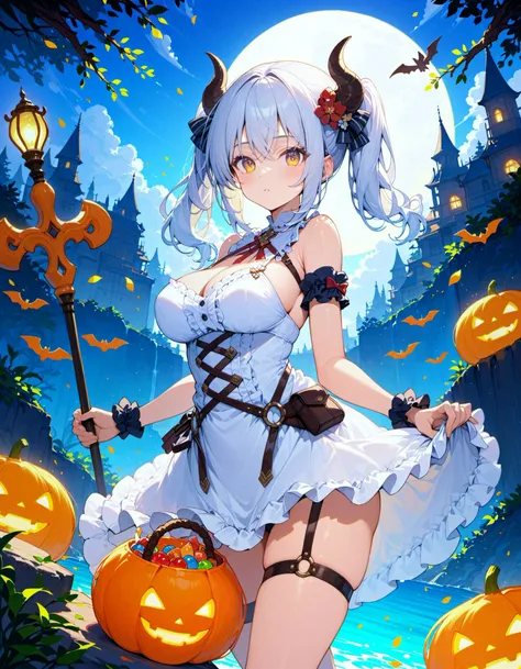 1girl,, armor, bare shoulders, blunt bangs, branch, breasts, buttons, candy, closed mouth, cross, day, dress, eyelashes, fish, food, from behind, garter straps, green eyes, halloween, halloween costume, horns, legs apart, large breasts, lollipop, looking at viewer, medium hair, outdoors, polearm, ponytail, rock, sign, solo, standing, thigh holster, twintails, white dress