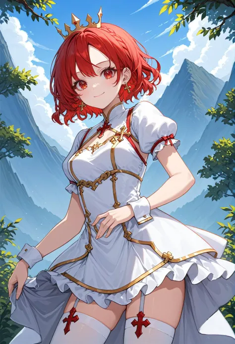 1girl,
lisa autoluna,
ciloranko, tianliang duohe fangdongye, wlop,
solo, small perky breasts, beautiful red eyes, (red eyes:1.1), (ruby textured pupils:1.1), (round eyes:1.1), long eyelashes, (madder red hair:1.1), (short hair:1.1), (wavy hair ends:1.1), cowboy shot, cross earrings, golden ribbon, sky, forest, armored dress, blush, light smile, puffy short sleeves, white dress, white thighhighs, wrist cuffs, garter straps, crown, side slit, hands on own stomach, outdoors, mountains, day, sky, scenery, looking at viewer, earrings, short sleeves, single strap, cross, cloud, armor, thighhighs, single-shoulder dress, jewelry, ribbon, red ribbon, nature, blue sky, closed mouth, dress, puffy sleeves, latin cross, eyelashes, single thighhigh, no headwear, parted bangs,
score_9, score_8_up, score_7_up, masterpiece, best quality