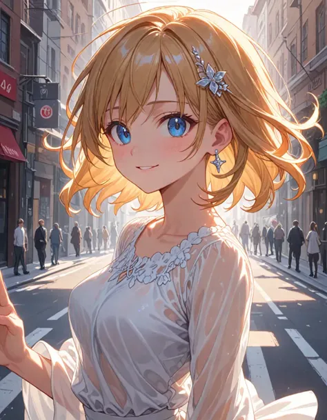<lora:sdxl_lightning_8_step_lora_f16:1>,, 1girl, aggressive pose, dramatic, looking at viewers, focus face, day, city street, BREAK expressiveh, cinematic lighting, BREAK seductive smile, 18 years old, girl, short hair, wavy blonde hair , hair ornament, gleaming skin, shiny skin, medium breasts, slender, frosty blue eyes, earrings, blouse, see through,