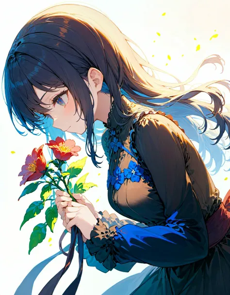 1girl,, animal, black dress, black hair, blue eyes, dress, flower, from side, hair between eyes, holding, holding flower, long sleeves, own hands together, solo, upper body, white background