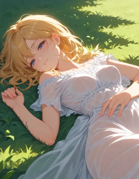 <lora:sdxl_lightning_8_step_lora_f16:1>,, 1girl, (lying on green meadow:2.0), sleeping, BREAK expressiveh, dramatic, cinema lighting, vivid, BREAK 18 years old, girl, short hair, wavy blonde hair, gleaming skin, shiny skin, medium breasts, slender, frosty blue eyes, see through, dress,
