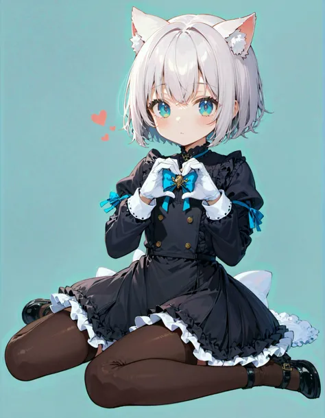 1girl,, animal ear fluff, animal ears, black dress, black pantyhose, blue background, blue eyes, blush, bob cut, buttons, closed mouth, dress, gloves, grey hair, heart, heart hands, long sleeves, looking at viewer, pantyhose, short hair, simple background, sitting, solo, wariza, white gloves