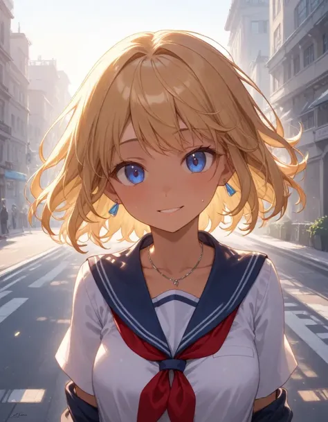 <lora:sdxl_lightning_8_step_lora_f16:1>,, 1girl, smile, dramatic, (focus face:2.0), outdoors, city, day, summer, sun, BREAK expressiveh, perfect lighting, looking at viewer, vivid, BREAK 18 years old, girl, short hair, wavy blonde hair, tanned skin, brown skin, medium breasts, cleavage, slender, frosty blue eyes,high school uniform , thin clothing, sweat, necklace, earrings,
