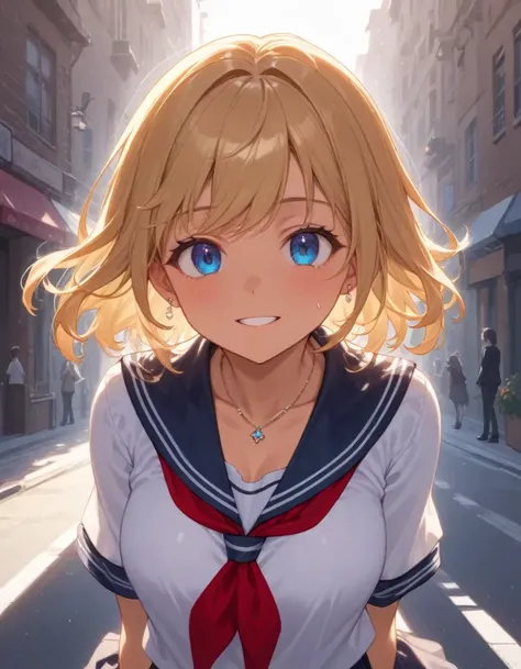 <lora:sdxl_lightning_8_step_lora_f16:1>,, 1girl, smile, dramatic, (focus face:2.0), outdoors, city, day, summer, sun, BREAK expressiveh, perfect lighting, looking at viewer, vivid, BREAK 18 years old, girl, short hair, wavy blonde hair, tanned skin, brown skin, medium breasts, cleavage, slender, frosty blue eyes,high school uniform , thin clothing, sweat, necklace, earrings,