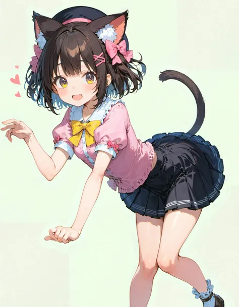 1girl,, :d, animal ear fluff, animal ears, bell, black headwear, black skirt, blush, bow, brown hair, cat ears, cat girl, cat tail, full body, hair ornament, hairclip, hat, heart, heart in eye, jingle bell, long sleeves, neck bell, open mouth, pink bow, pink shirt, pink eyes, pleated skirt, puffy short sleeves, puffy sleeves, shirt, short hair, short sleeves, simple background, skirt, smile, solo, symbol in eye, tail, two side up, white background, yellow bow, yellow bowtie