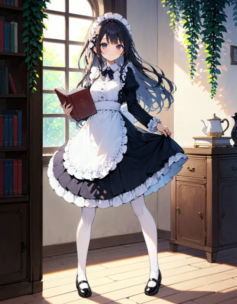 1girl,, :d, apron, black dress, black hair, blue eyes, book, dress, full body, glasses, head tilt, holding, holding book, leaf, long hair, long sleeves, looking at viewer, maid, maid apron, maid headdress, open mouth, pantyhose, shoes, smile, solo, standing, white apron, white pantyhose