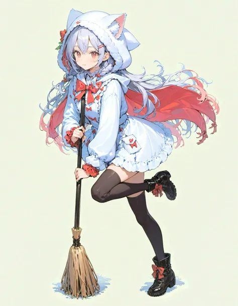 1girl,, ahoge, black footwear, black thighhighs, boots, bow, braid, broom, closed mouth, full body, fur trim, fur-trimmed sleeves, grey hair, hair bow, hood, hood up, hood down, long hair, long sleeves, looking at viewer, multicolored hair, pink bow, pink eyes, pink hair, shirt, simple background, smile, solo, standing, standing on one leg, streaked hair, thighhighs, white background, white shirt, zettai ryouiki