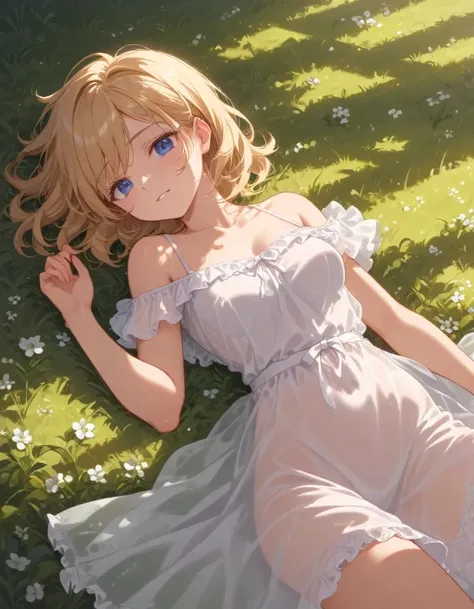 <lora:sdxl_lightning_8_step_lora_f16:1>,, 1girl, (lying on meadow:2.0), sleeping, BREAK expressiveh, dramatic, cinema lighting, vivid, BREAK 18 years old, girl, short hair, wavy blonde hair, gleaming skin, shiny skin, medium breasts, slender, frosty blue eyes, see through, long dress,